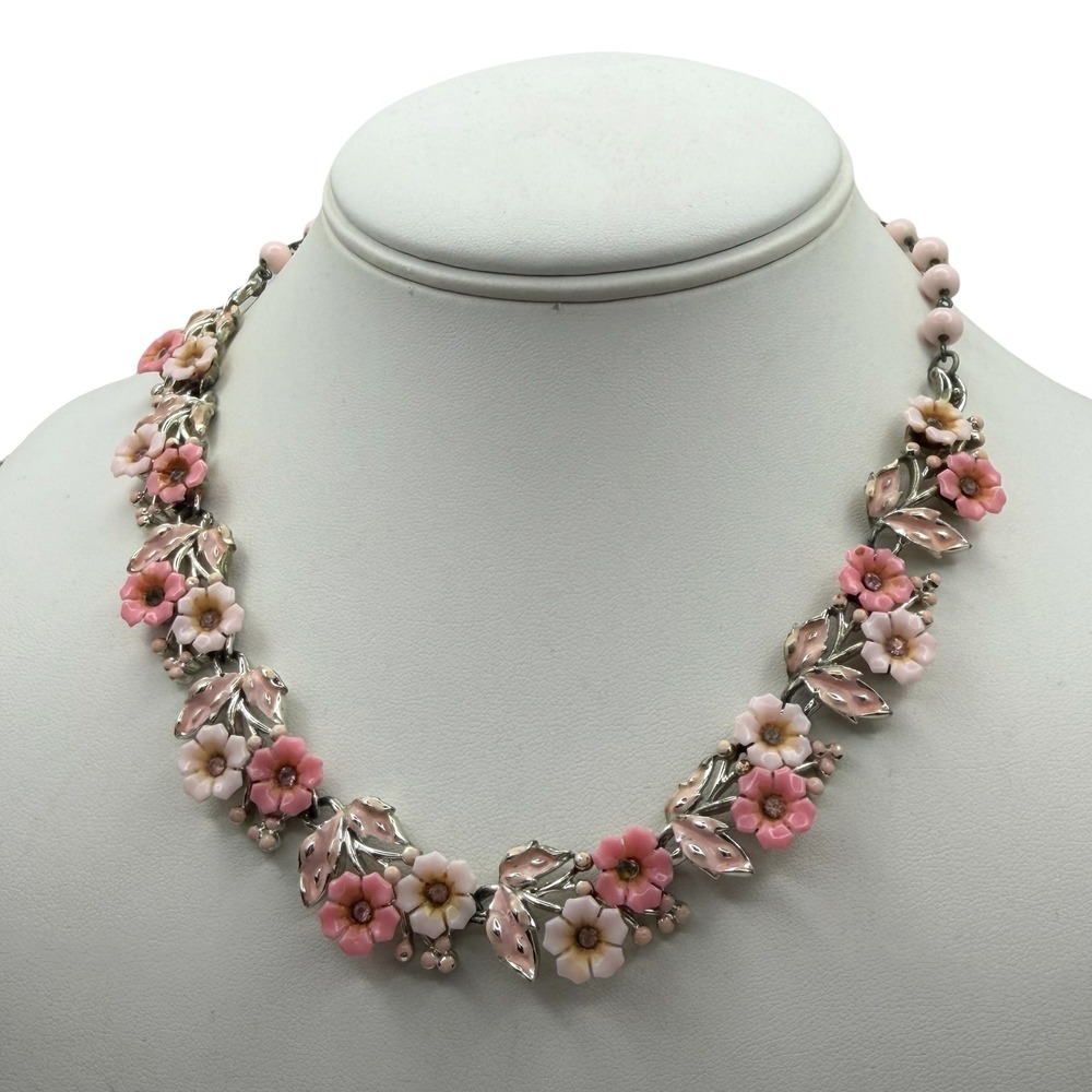 Coro Necklace Enamel 17in Pink Floral Vintage Mid Century Restoration Project